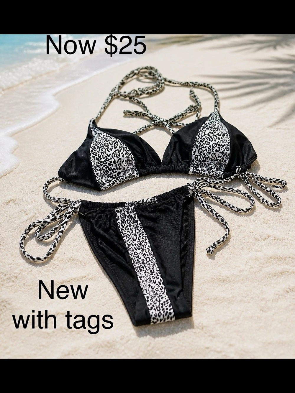 Kendall & Kylie 2PC Leopard Bikini Set XS Halter Triangle Tie Adjustable Black